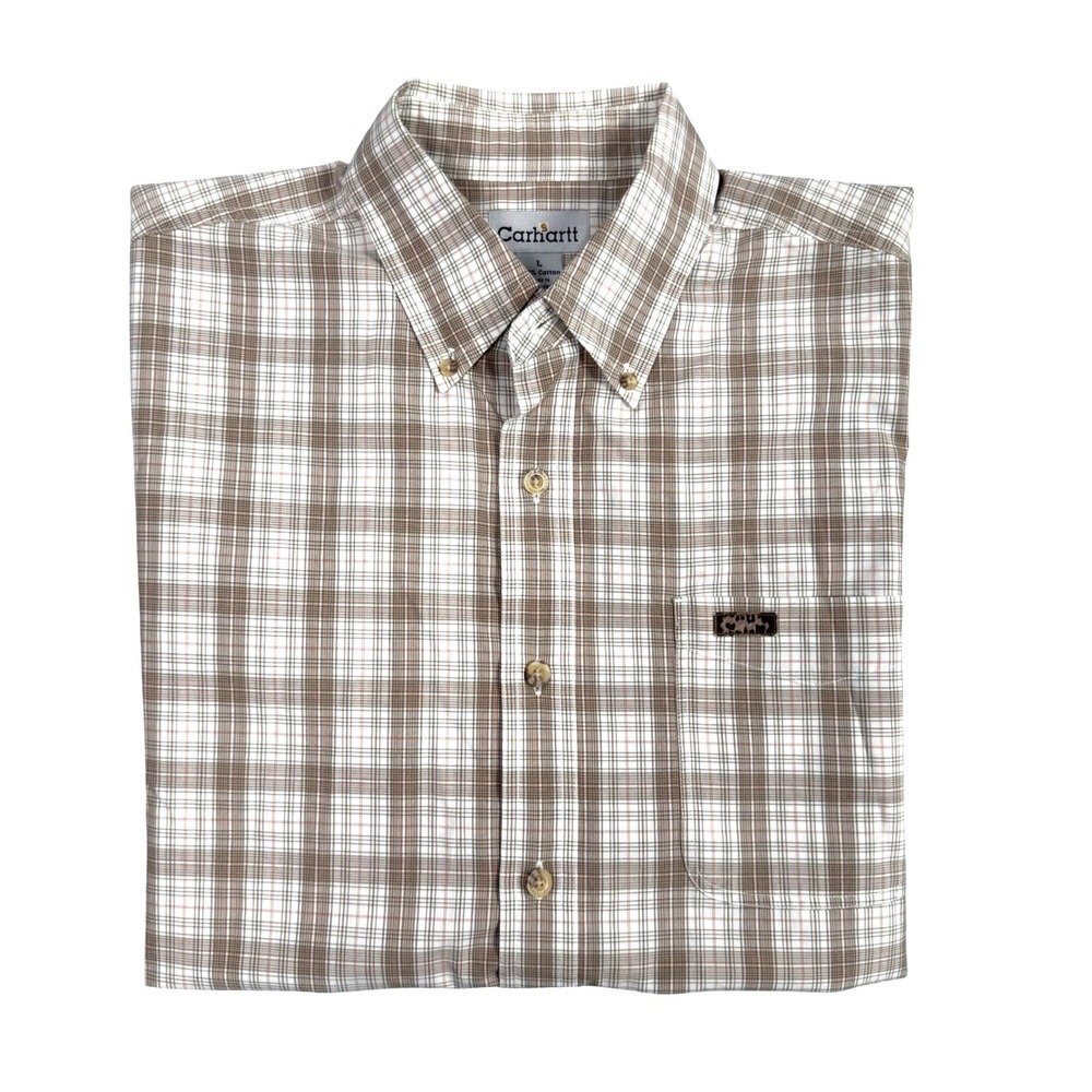 Carhartt Button Down Shirt Mens Large Brown Plaid Short Sleeve S136MUS